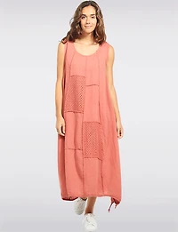 Froccella Linen Cotton Patchwork Balloon Silhouette Maxi Dress Drawstring Hem