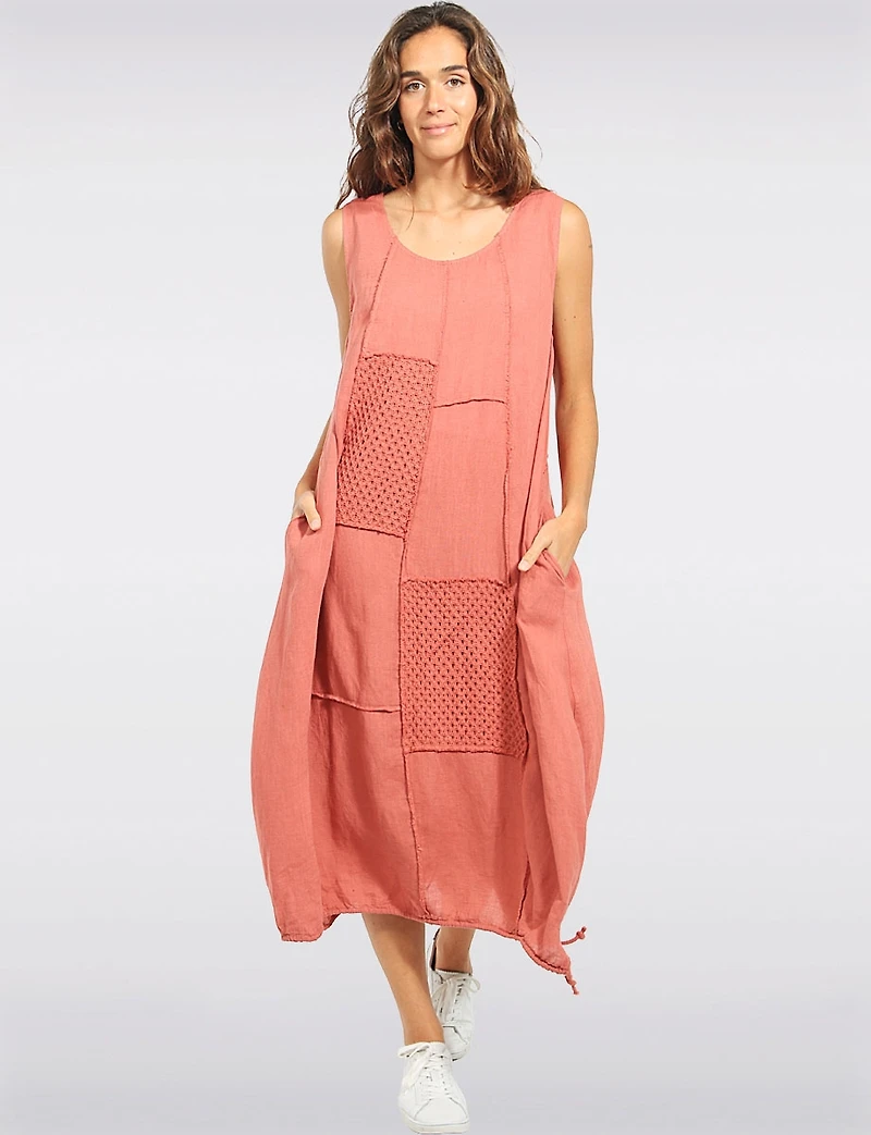 Froccella Linen Cotton Patchwork Balloon Silhouette Maxi Dress Drawstring Hem