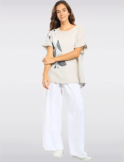 Relaxed Fit Leaf Print Cotton Short Sleeve Scoop Neck Tunic Top by Froccella