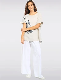 Relaxed Fit Leaf Print Cotton Short Sleeve Scoop Neck Tunic Top by Froccella