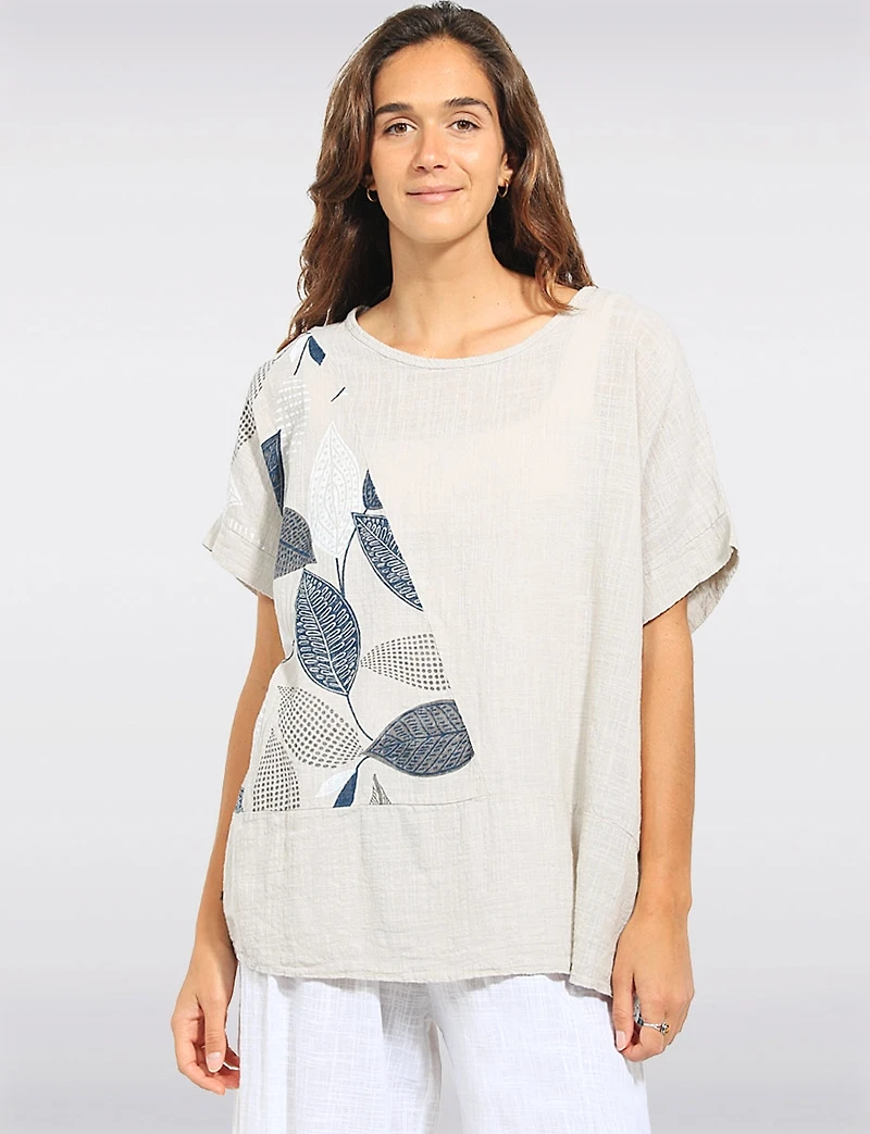 Relaxed Fit Leaf Print Cotton Short Sleeve Scoop Neck Tunic Top by Froccella