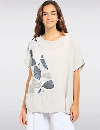 Relaxed Fit Leaf Print Cotton Short Sleeve Scoop Neck Tunic Top by Froccella