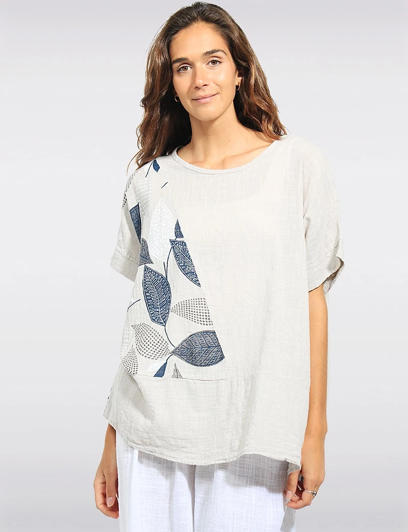Relaxed Fit Leaf Print Cotton Short Sleeve Scoop Neck Tunic Top by Froccella