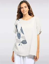 Relaxed Fit Leaf Print Cotton Short Sleeve Scoop Neck Tunic Top by Froccella