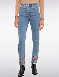 Floral Embroidered Stretch Slim-Fit Jeans with Frayed Hem by Charlie B