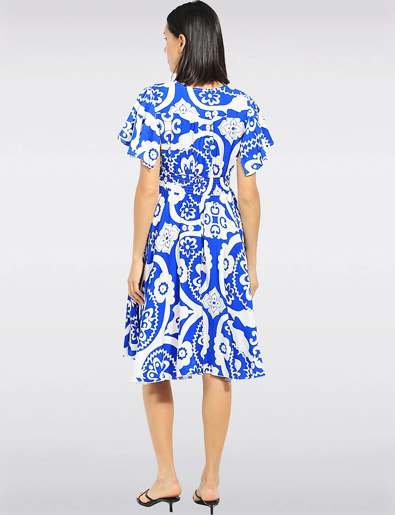 Printed Flutter-Sleeve Smocked Waist Midi Dress with Pockets by Stella Morgan