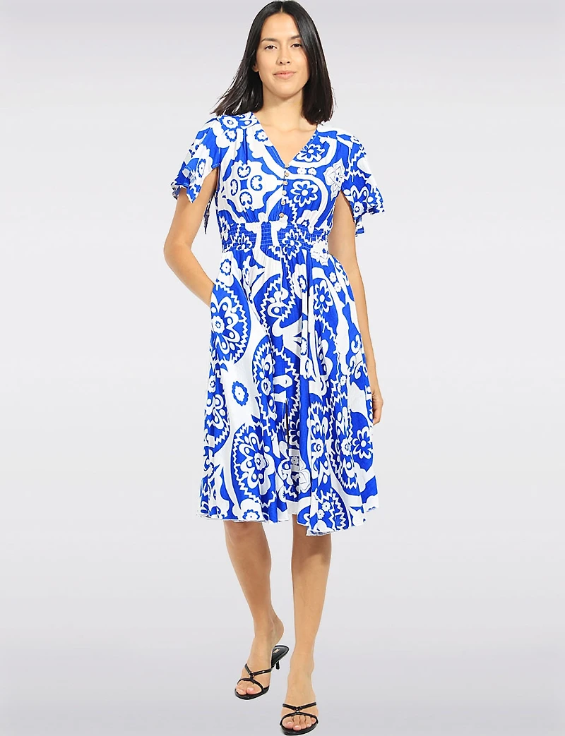 Printed Flutter-Sleeve Smocked Waist Midi Dress with Pockets by Stella Morgan