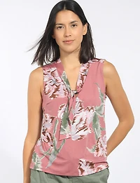 Lightweight Floral Print V-Neck Sleeveless Knit Top with Tie Hem by Perle