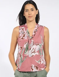 Lightweight Floral Print V-Neck Sleeveless Knit Top with Tie Hem by Perle