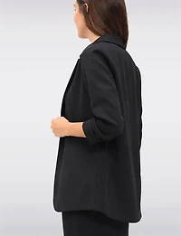 Classic Fit Stretch Blazer with Curved Hem, 3/4 Sleeves & Shawl Collar by Perle