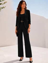 Classic Fit Stretch Blazer with Curved Hem, 3/4 Sleeves & Shawl Collar by Perle