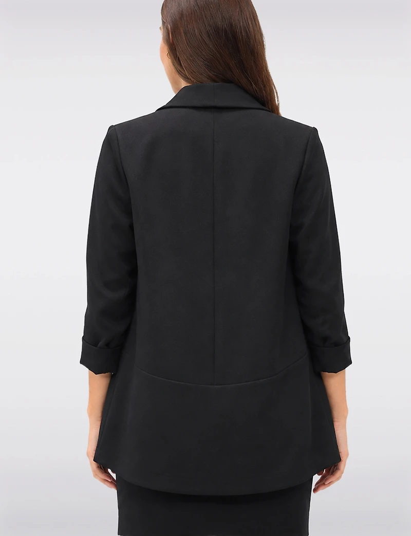 Classic Fit Stretch Blazer with Curved Hem, 3/4 Sleeves & Shawl Collar by Perle