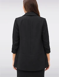 Classic Fit Stretch Blazer with Curved Hem, 3/4 Sleeves & Shawl Collar by Perle