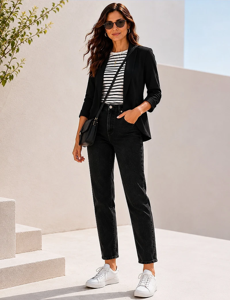 Classic Fit Stretch Blazer with Curved Hem, 3/4 Sleeves & Shawl Collar by Perle