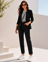 Classic Fit Stretch Blazer with Curved Hem, 3/4 Sleeves & Shawl Collar by Perle
