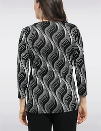 Abstract Wavy Pattern Asymmetrical Knit Top with Decorative Button by Perle