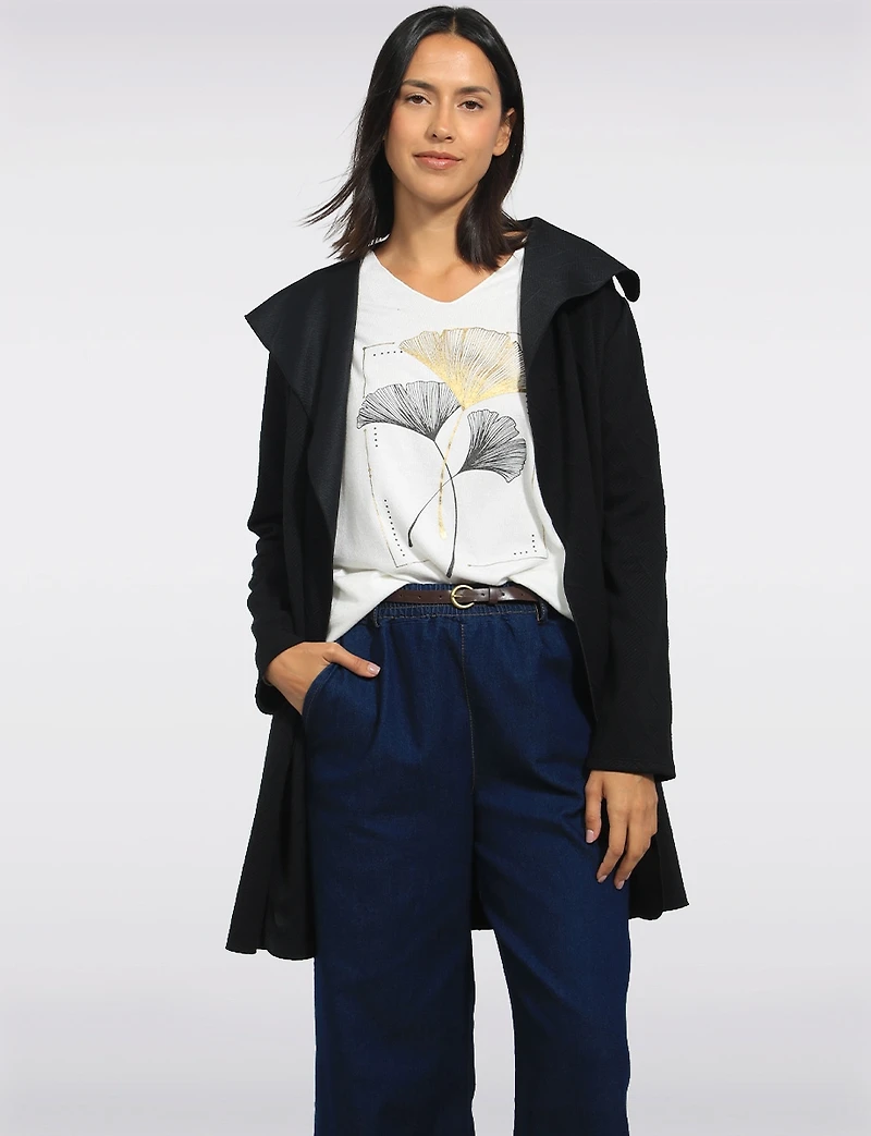Chic Black Floral Jacquard Long Draped Cardigan with Cascade Collar by Perle