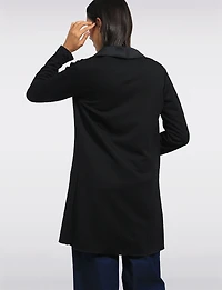 Chic Black Floral Jacquard Long Draped Cardigan with Cascade Collar by Perle