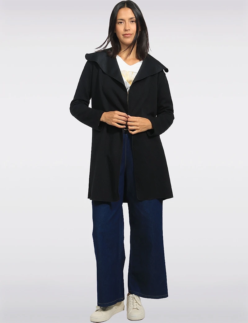 Chic Black Floral Jacquard Long Draped Cardigan with Cascade Collar by Perle