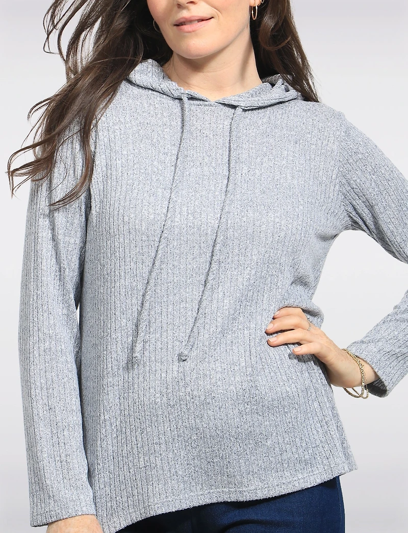 Solid Ribbed-Knit Hoodie with Adjustable Drawstrings and Side Slits by Perle