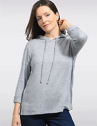 Solid Ribbed-Knit Hoodie with Adjustable Drawstrings and Side Slits by Perle