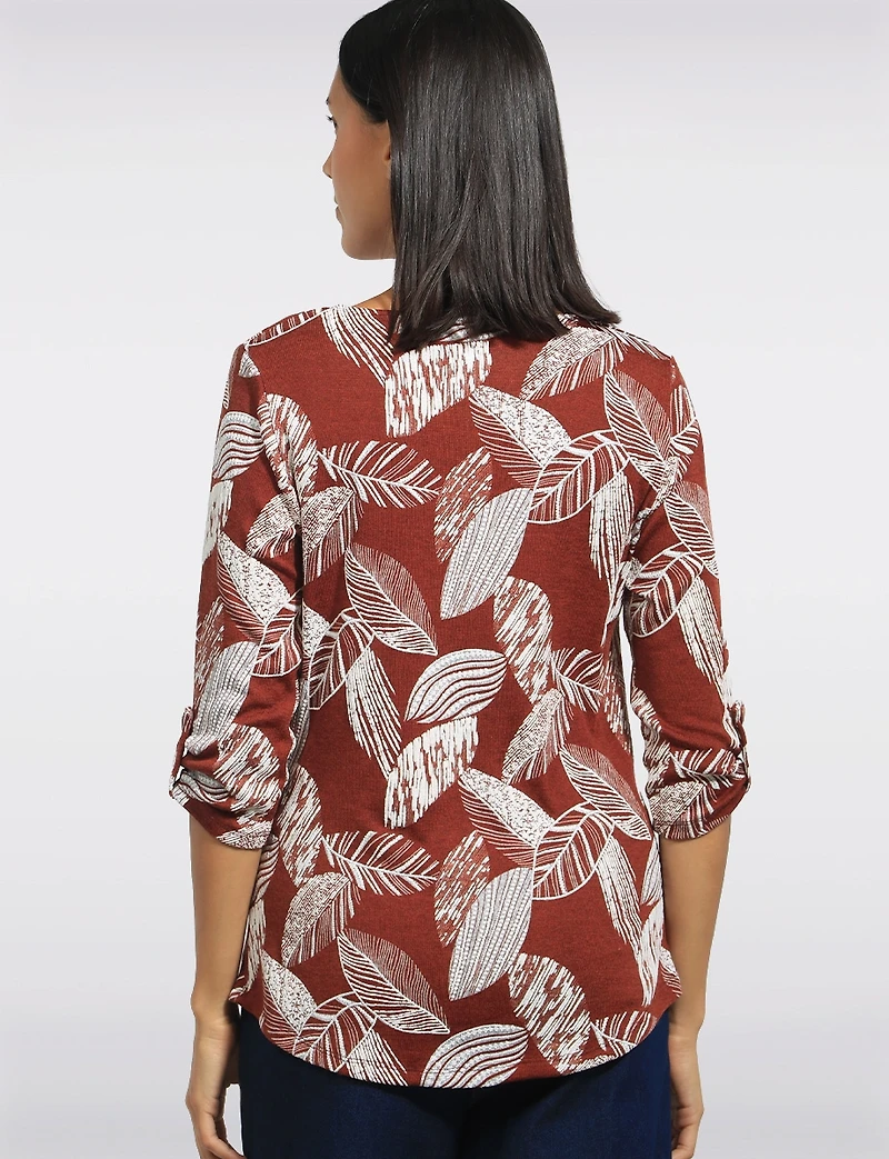 Textured Print 3/4 Sleeve Cuffed Button-Tab Knit Top with Round Hem by Perle