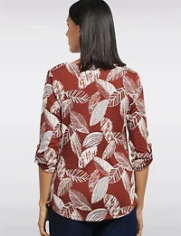 Textured Print 3/4 Sleeve Cuffed Button-Tab Knit Top with Round Hem by Perle