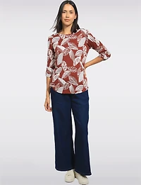 Textured Print 3/4 Sleeve Cuffed Button-Tab Knit Top with Round Hem by Perle