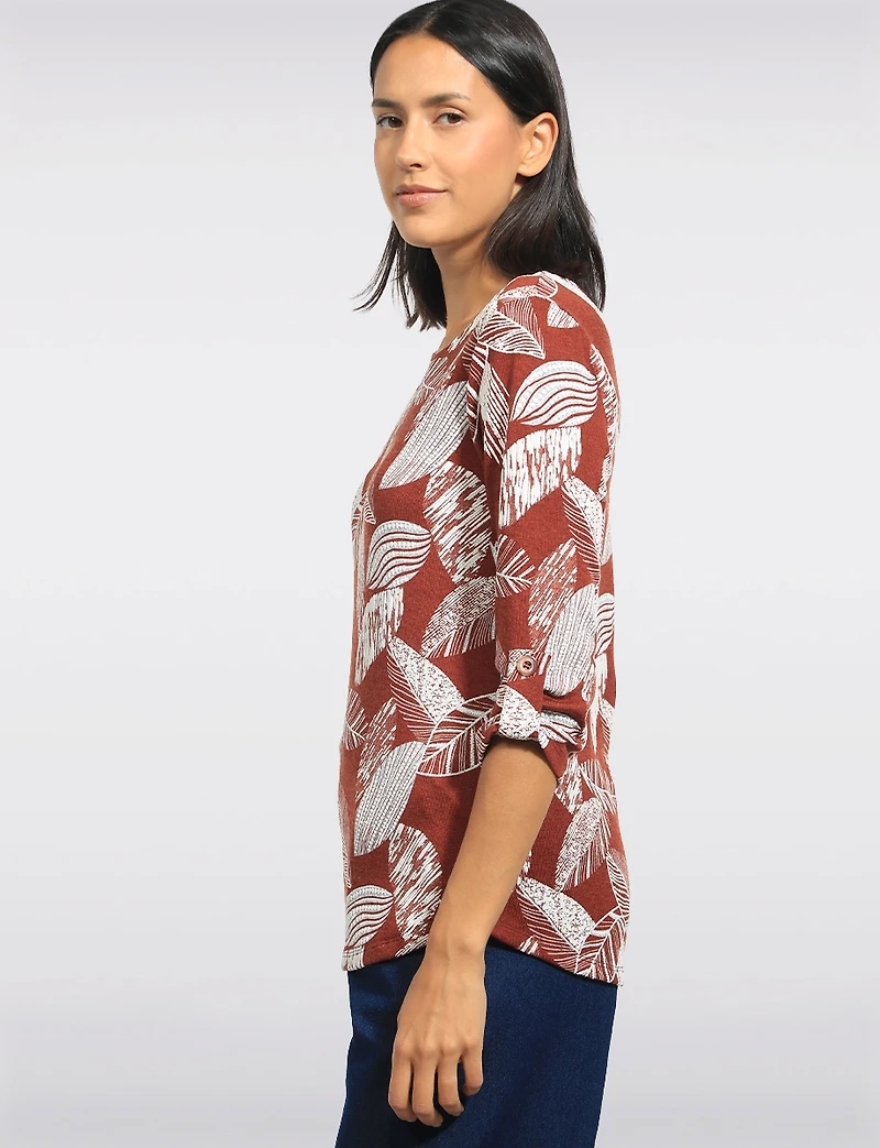 Textured Print 3/4 Sleeve Cuffed Button-Tab Knit Top with Round Hem by Perle