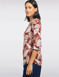 Textured Print 3/4 Sleeve Cuffed Button-Tab Knit Top with Round Hem by Perle