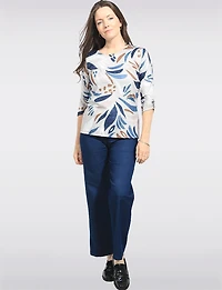 Abstract Leaf Print Knit Top with Gathered Button-Accent 3/4 Sleeves by Perle
