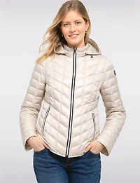Lightweight Isabella Silver Zip-Front Hooded Vegan Quilted Puffer Jacket by Saki