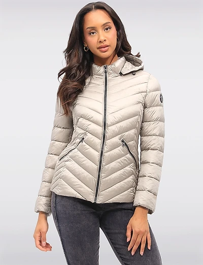 Lightweight Nora Vegan Multi-Quilted Puffer Jacket with Detachable Hood by Saki