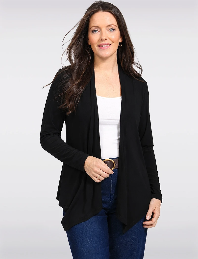 Versatile Lightweight Draped Open-Front Long-Sleeve Cardigan by Perle