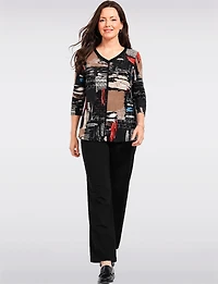 Vibrant Printed Contrast Trim V-Neck 3/4 Sleeve Knit Top Rounded Hem by Perle