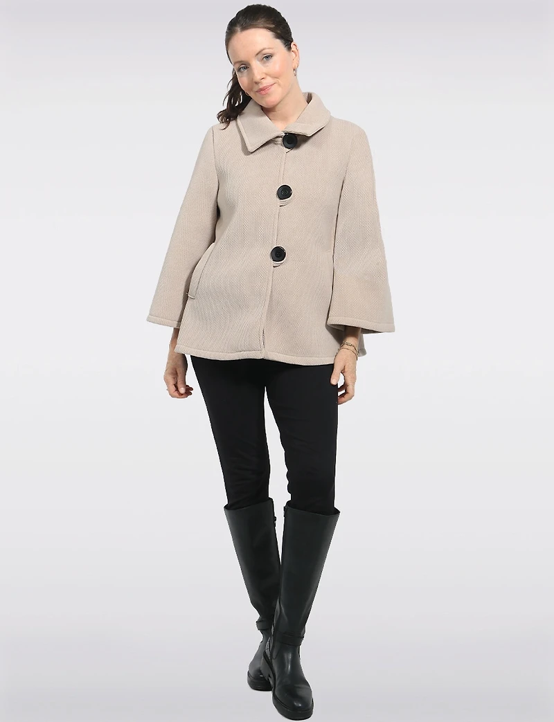 Chic Cropped Scuba Stretch Swing Coat with 3/4 Bell Sleeves by Froccella