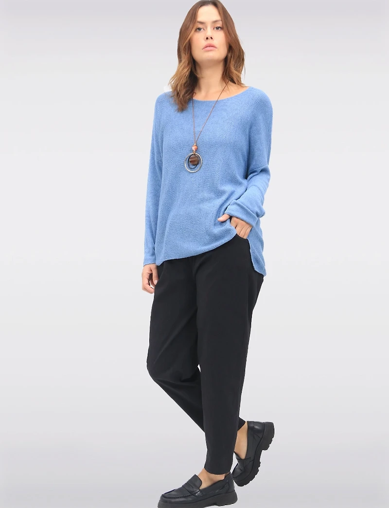 Ultra-Soft Drop Shoulder Long Sleeve Waffle-Knit Top with Necklace by Froccella