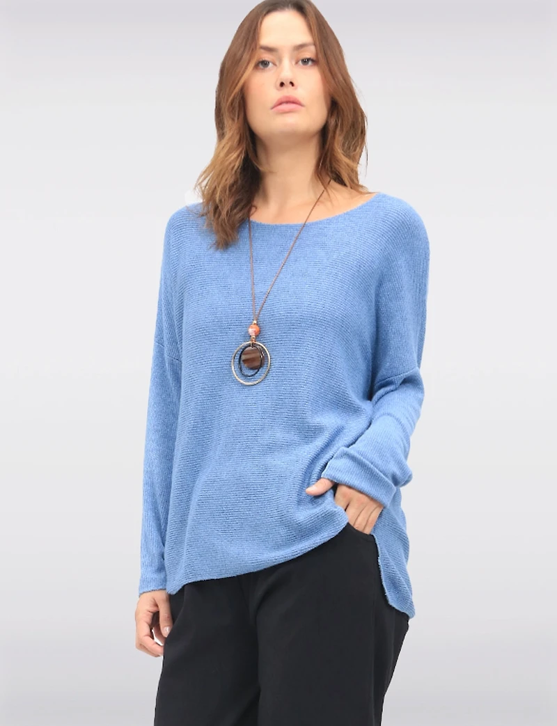 Ultra-Soft Drop Shoulder Long Sleeve Waffle-Knit Top with Necklace by Froccella