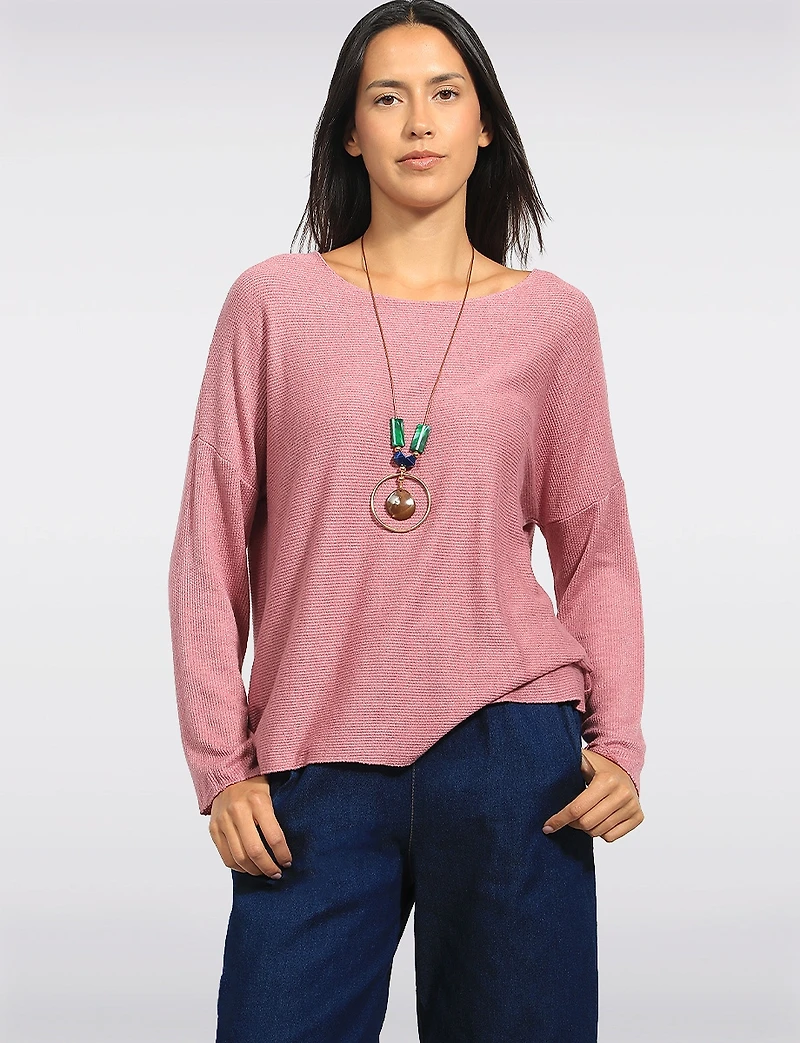 Froccella Ultra-Soft Relaxed Drop-Shoulder Stretch-Knit Tunic Top with Necklace