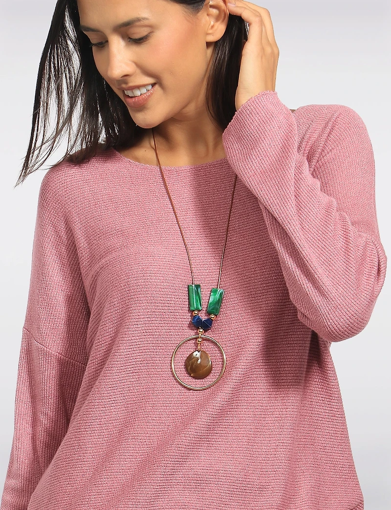 Froccella Ultra-Soft Relaxed Drop-Shoulder Stretch-Knit Tunic Top with Necklace
