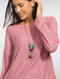 Froccella Ultra-Soft Relaxed Drop-Shoulder Stretch-Knit Tunic Top with Necklace