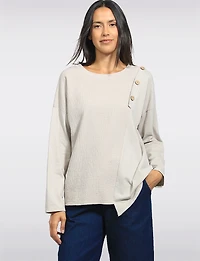 Crinkled Long-Sleeve Tunic with Button Detail & Asymmetrical Hem by Froccella