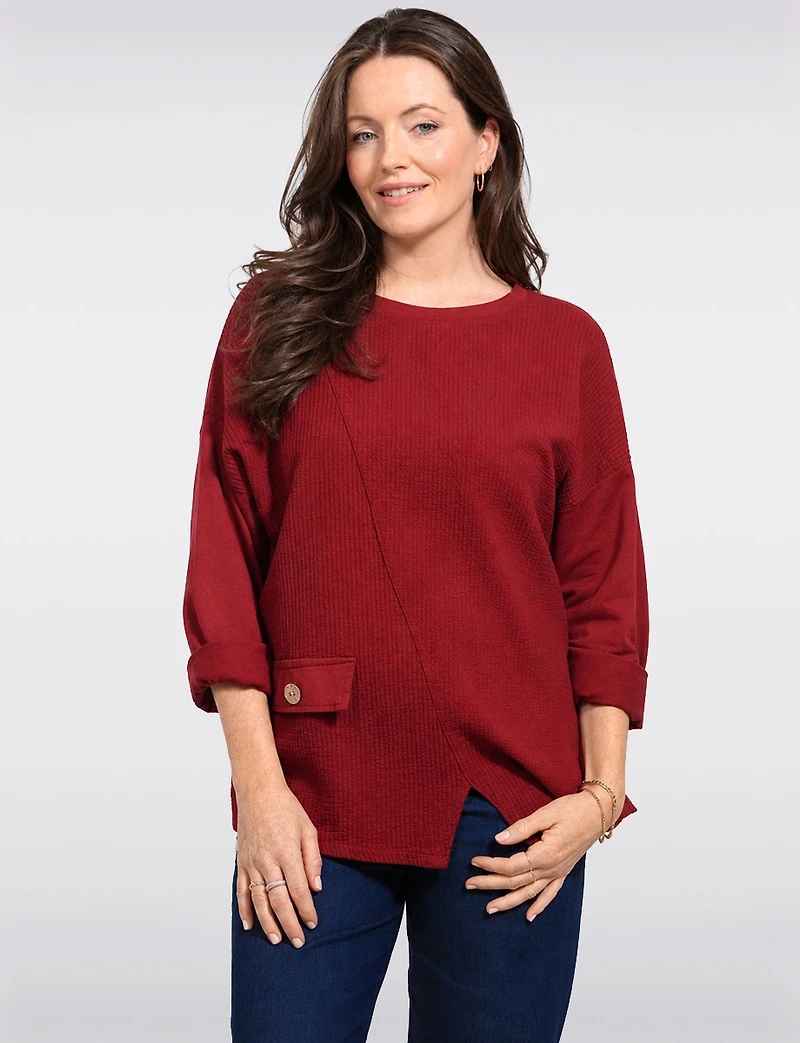 Asymmetrical Crinkle Round-Neck Tunic with Buttoned Flap Detail by Froccella
