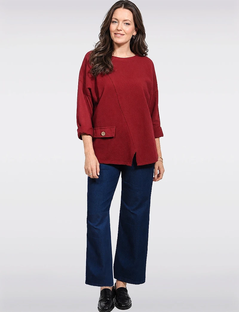 Asymmetrical Crinkle Round-Neck Tunic with Buttoned Flap Detail by Froccella
