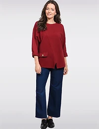 Asymmetrical Crinkle Round-Neck Tunic with Buttoned Flap Detail by Froccella