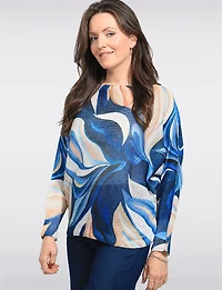 Soft Knit Long Dolman Sleeves Boatneck Abstract Printed Top by Froccella