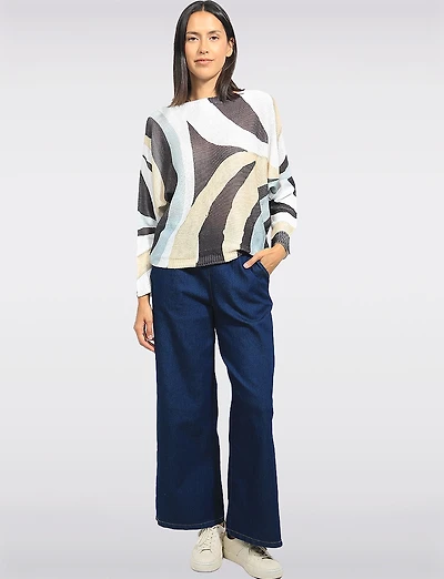 Chic Long Dolman Sleeves Boatneck Abstract Printed Knit Top by Froccella