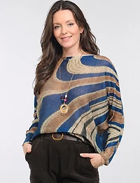 Chic Long Dolman Sleeves Boatneck Abstract Swirl Printed Knit Top by Froccella