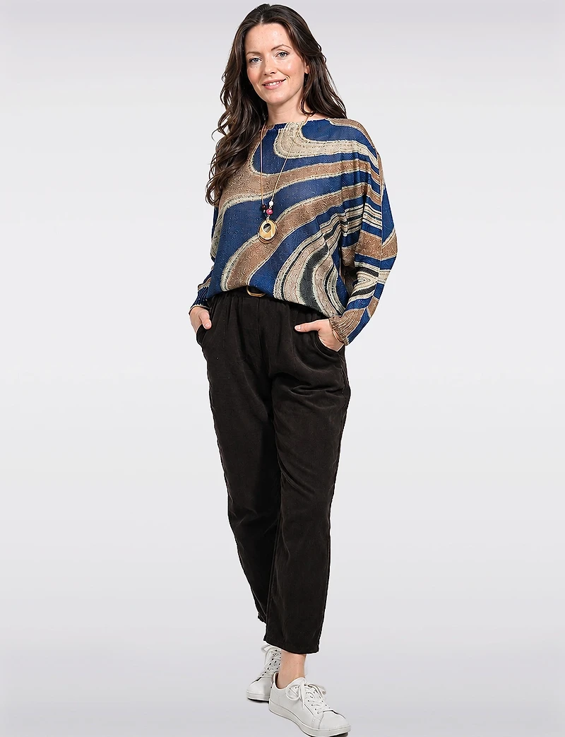 Chic Long Dolman Sleeves Boatneck Abstract Swirl Printed Knit Top by Froccella