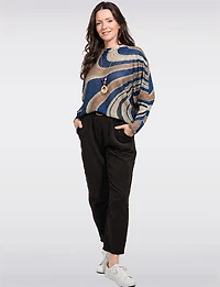 Chic Long Dolman Sleeves Boatneck Abstract Swirl Printed Knit Top by Froccella